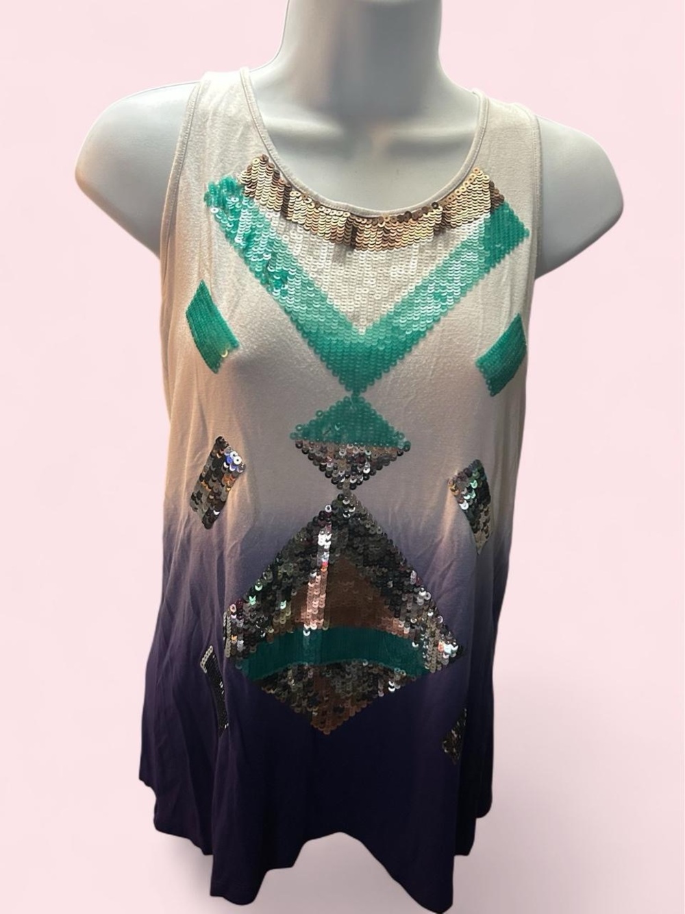 Design History White Tank Top with Teal & Navy Sequin Accents